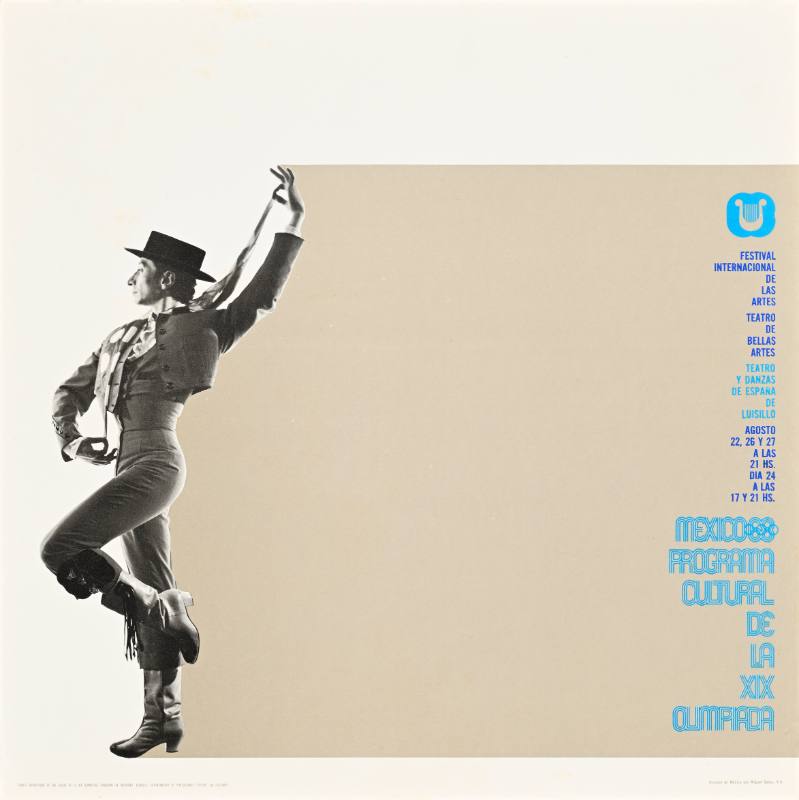 A poster of a man in fancy costume with his arm raised above his head on a grey and white geometric background
