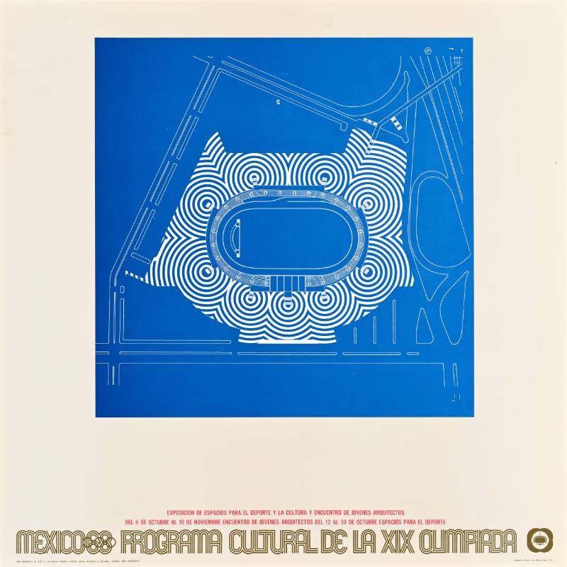 A poster of an absract blue design in the shape of a blueprint for a building