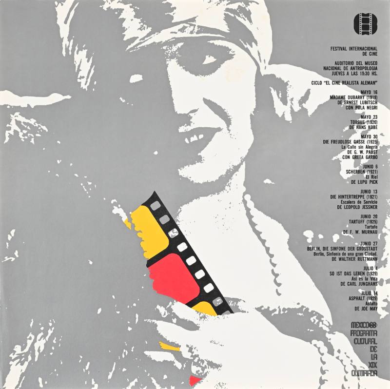 A poster of a woman in a large fur coat clutching a film strip