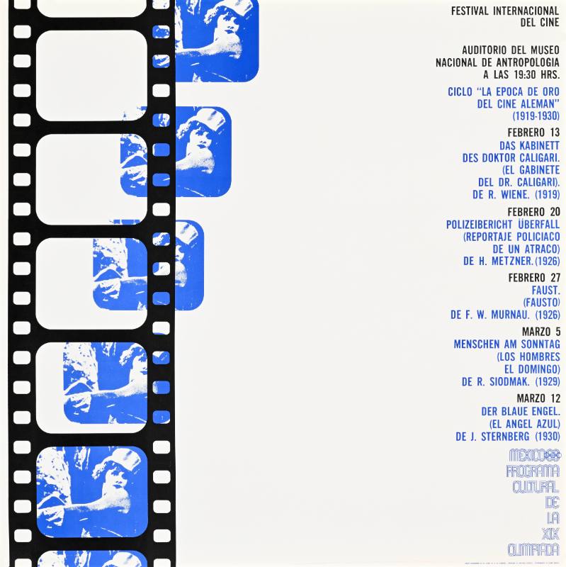 A poster of a reel of film with blue photographs moving out of it