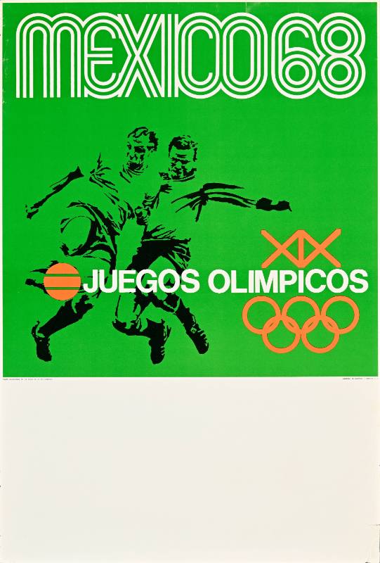 A poster of two athletes leaping towards one another on a green background
