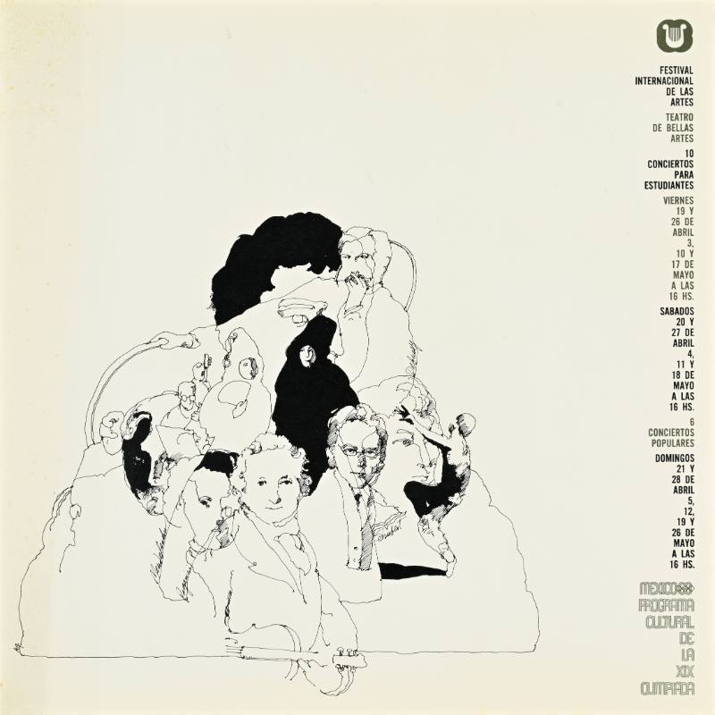 A poster of a drawing of people arranged in a cluster on a white background