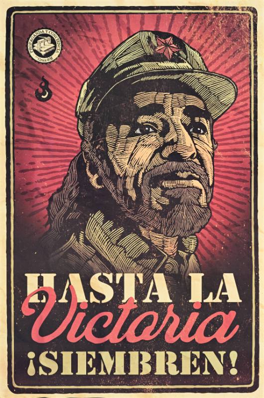 A poster of a Latino man in a green cap looking off into the distance