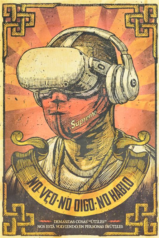A poster of a Latino man in a pair of bulky virtual reality goggles