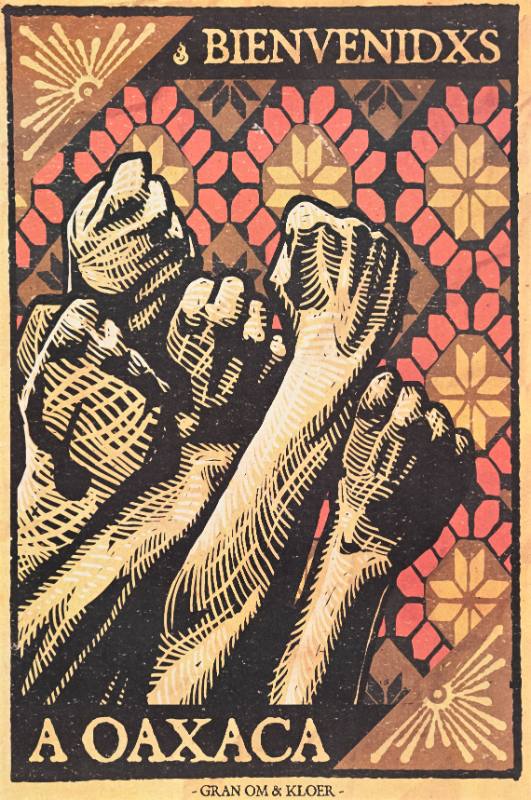A poster of a group of outstreched fists over a geometric background