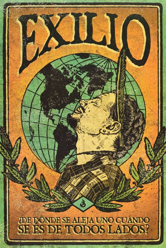 A poster of a Latino man looking up to the sky against a globe