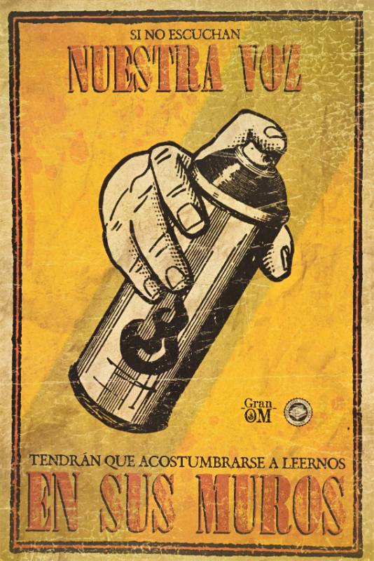 A poster of a hand holding a can of spray paint