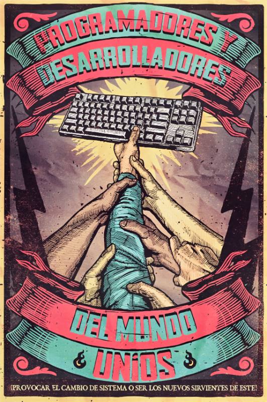 A poster of a group of hands reaching upwards together to grasp a computer keyboard