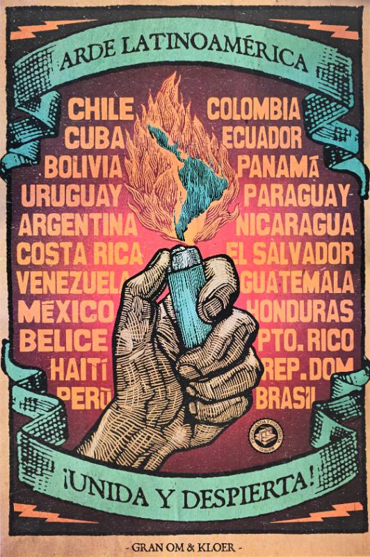 A poster of a hand using a lighter to create smoke in the shape of Central and South America