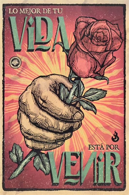 A poster of a hand holding a rose