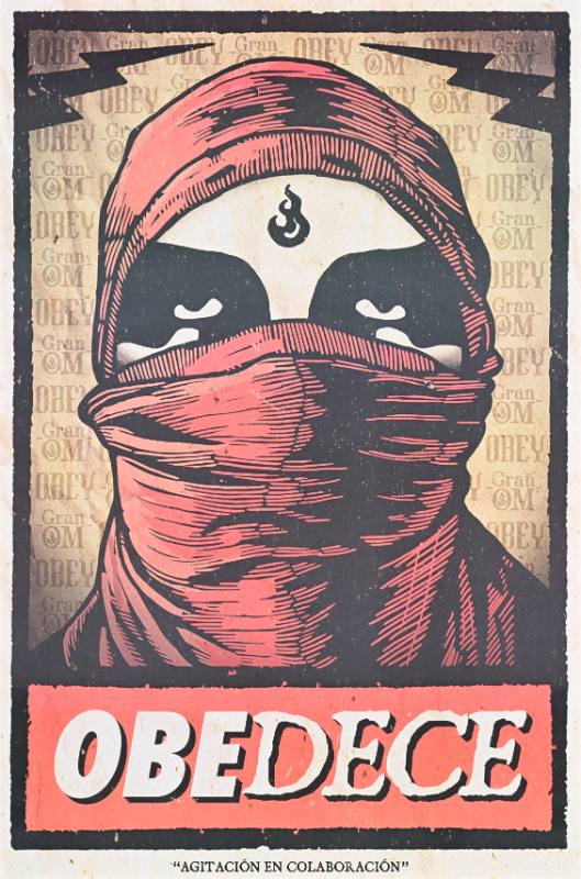 A poster of a figure in a red mask looking dramatically at the viewer