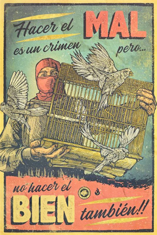 A poster of a man in a mask releasing a cage of birds