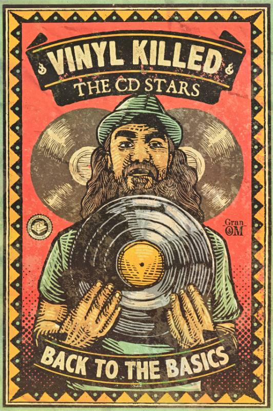 A poster of a man with a beard holding up vinyl records