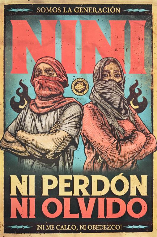 A poster of a man and a woman with masks on standing with their arms crossed defiantly