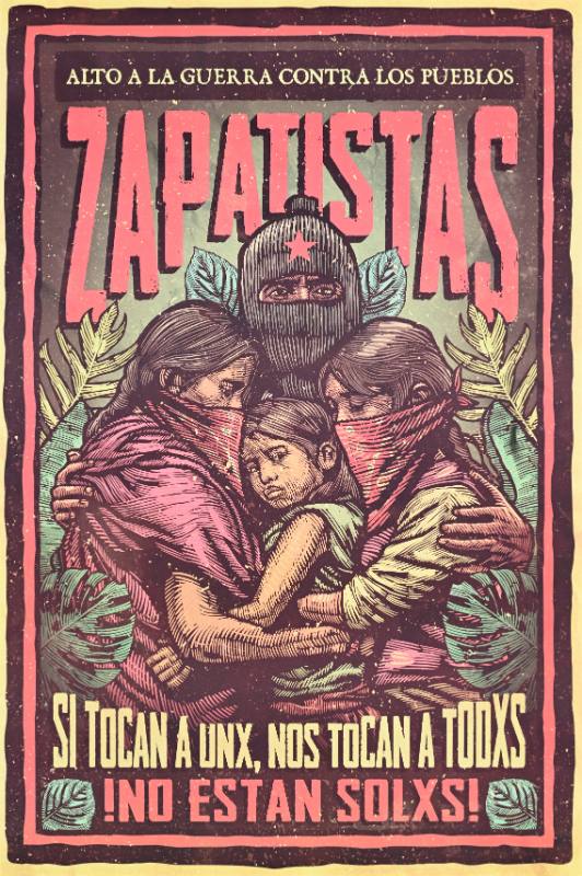 A poster of a cluster of Latinx men and women embracing with masks over their faces
