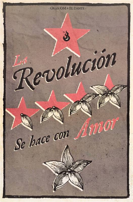 A poster of red stars with flower petals inside of them arranged on a brown background
