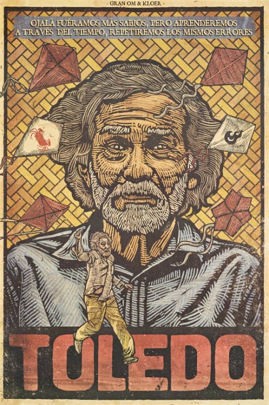 A poster of a Latino man surrounded by kites