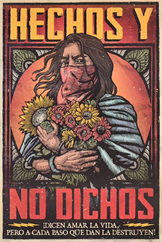 A poster of a Latinx person with long flowing hair in a mask holding flowers in their arms