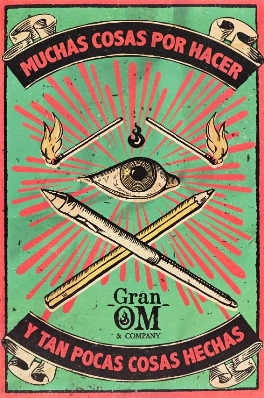 A poster of an eyeball above a pair of crossed pens and pencils