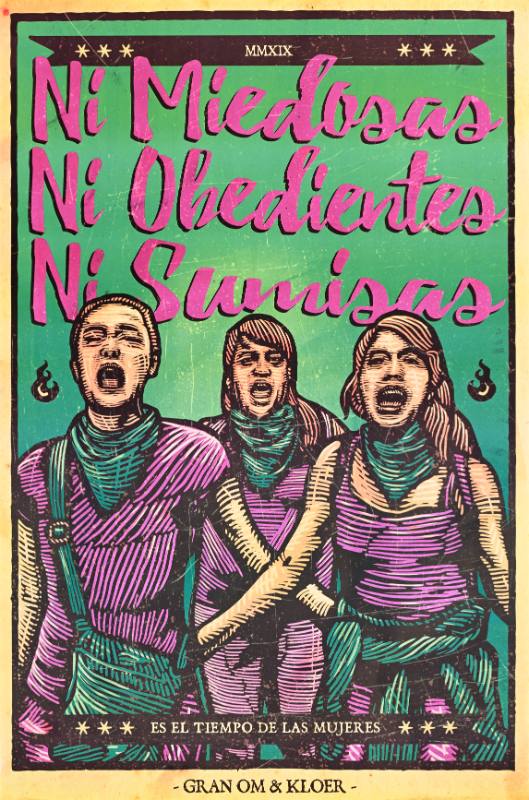 A poster of three shouting women with their arms interlocked