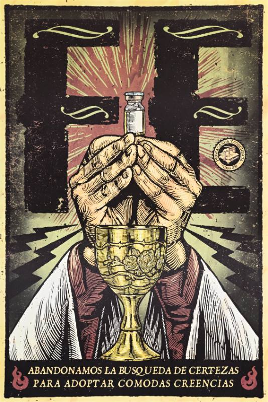 A poster of two hands clasping upwards in prayer above a large cup