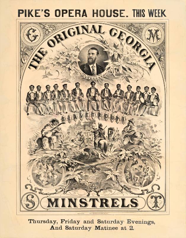 A poster of men with dark skin sitting in a line above a series of vignettes featuring men and women playing instruments and riding on horseback