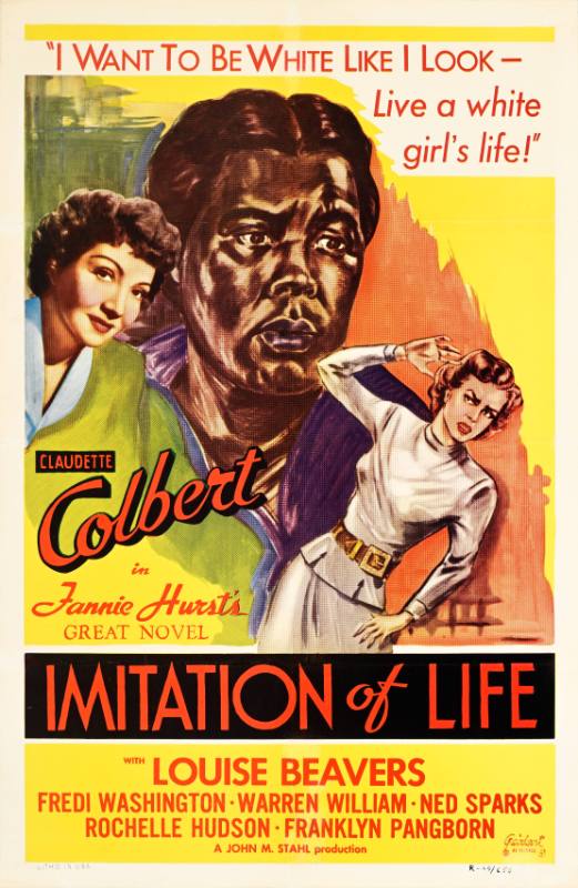A poster of a Black woman looking towards a woman with ambiguous skin tone covering her eyes