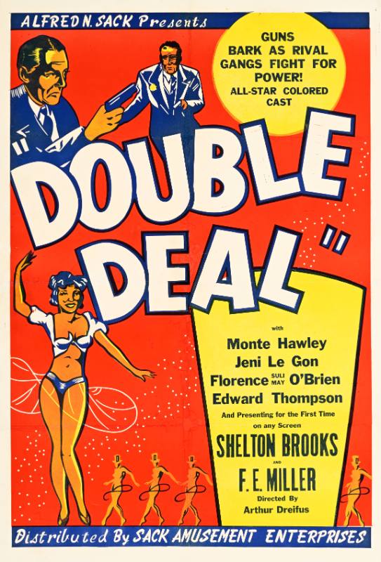 A poster of a Black man pointing a gun at a man in a suit while Black women dance across the bottom of the poster