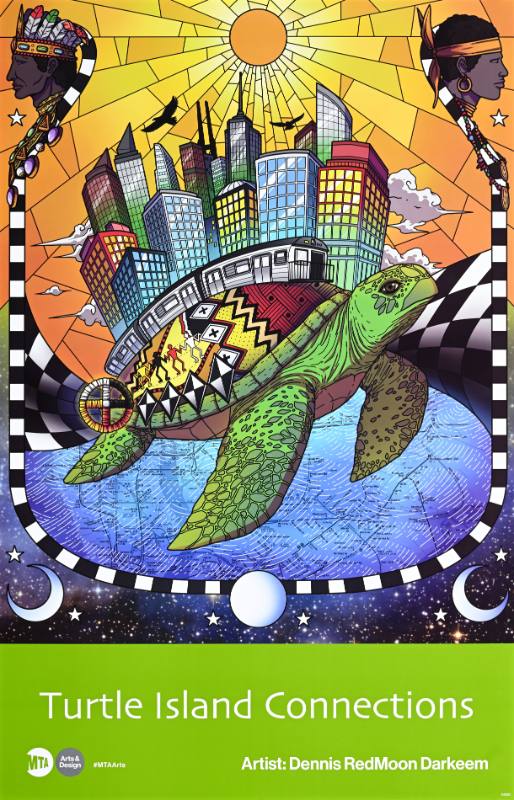 A poster of a turtle with a city on his back
