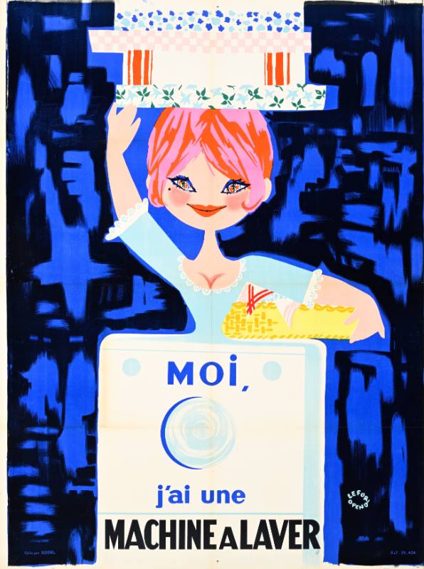 A poster of a cartoon white woman popping out of a washing machine with laundry piled on her head