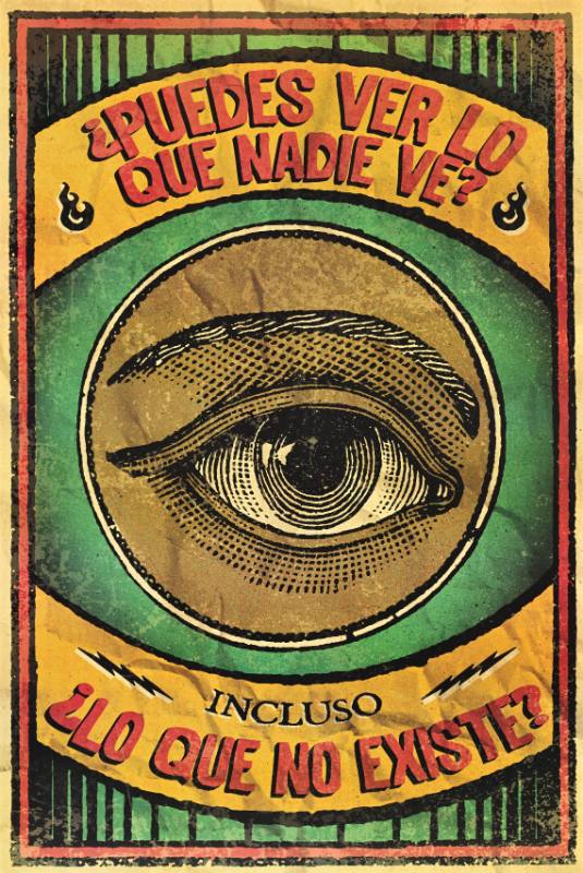 A poster of a large eye on a colorful background