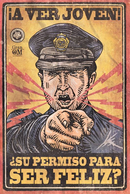 A poster of a white male police officer pointing at the camera with an angry expression