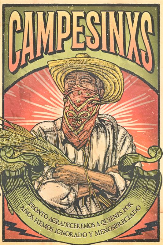 A poster of a latino farmer holding wheat