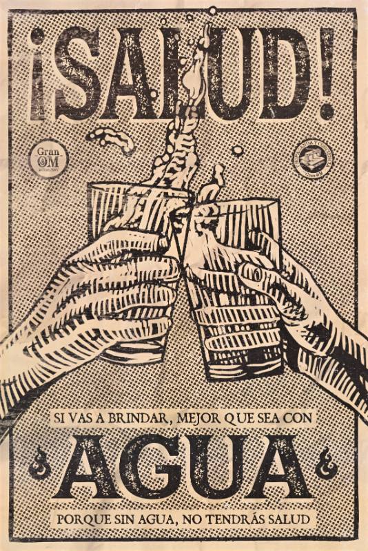 A poster of two hands clinking together glasses of water
