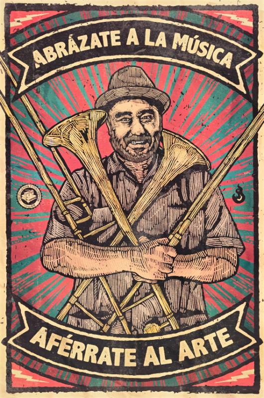 A poster of a Latino man holding brass instruments and smiling at the viewer