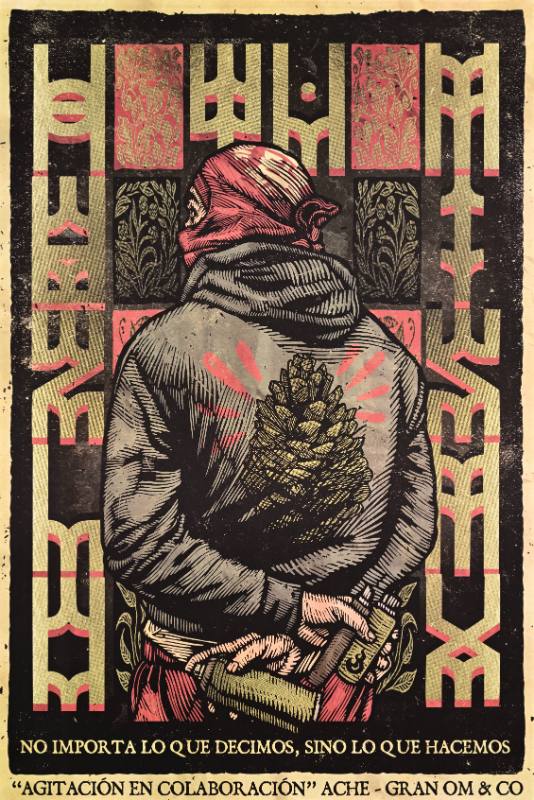 A poster of a Latino man in a sweatshirt with a pinecone on it holding spray paint behind his back