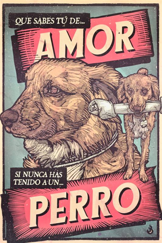 A poster of a dog surrounded by bold text