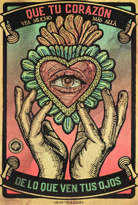 A poster of hands raised up towards a heart with an eye at the center of it