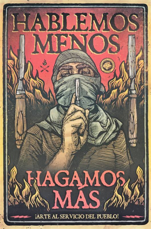 A poster of a Latino man with a mask on holding carving tools in each hand