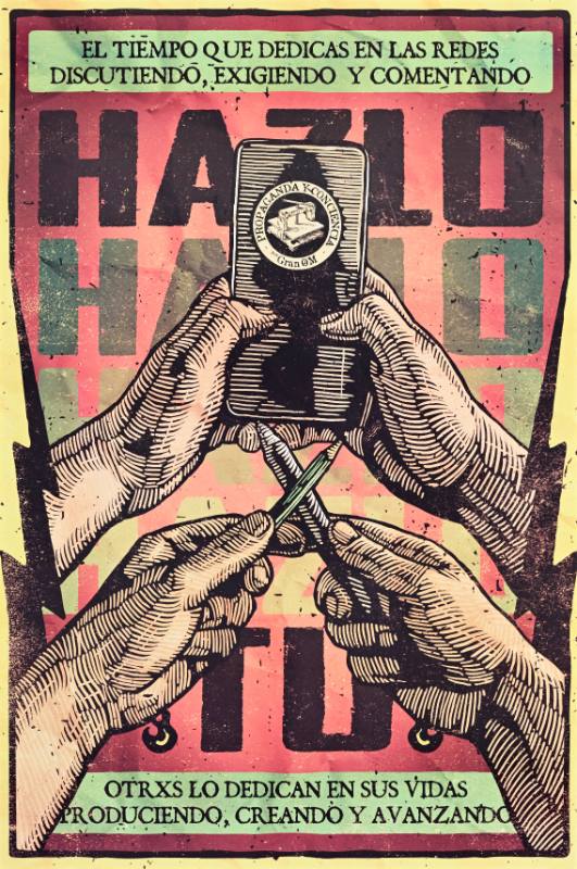 A poster of hands holding crossed pencils underneath an iphone