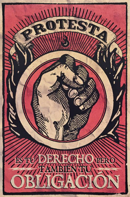 A poster of a raised fist on a red background