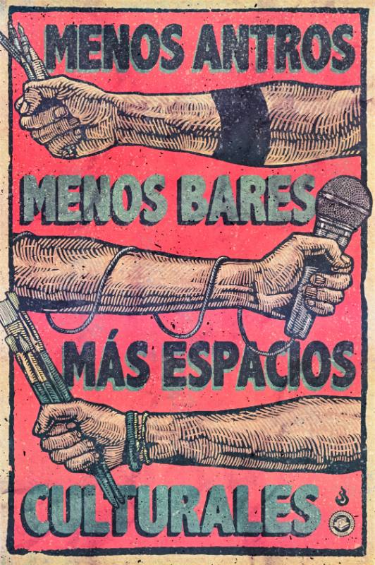 A poster of outstretched arms holding microphones and paint brushes