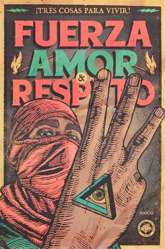 A poster of a man in a mask holding out three outstretched fingers with an eyeball on top of him