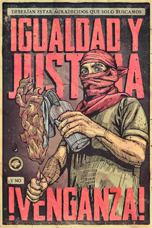 A poster of a man in a mask holding a bottle with a rag in it and setting it on fire