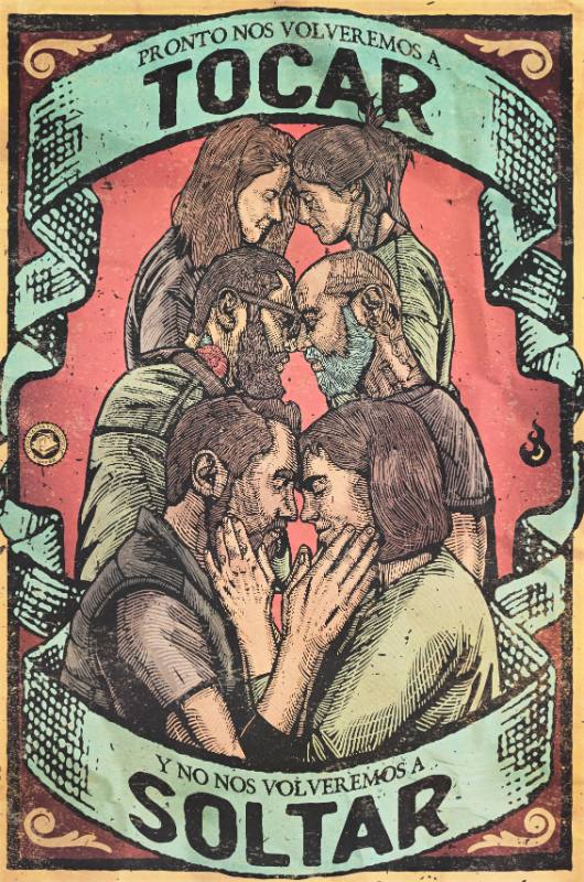 A poster of three pairs of men and women embracing one another in a line