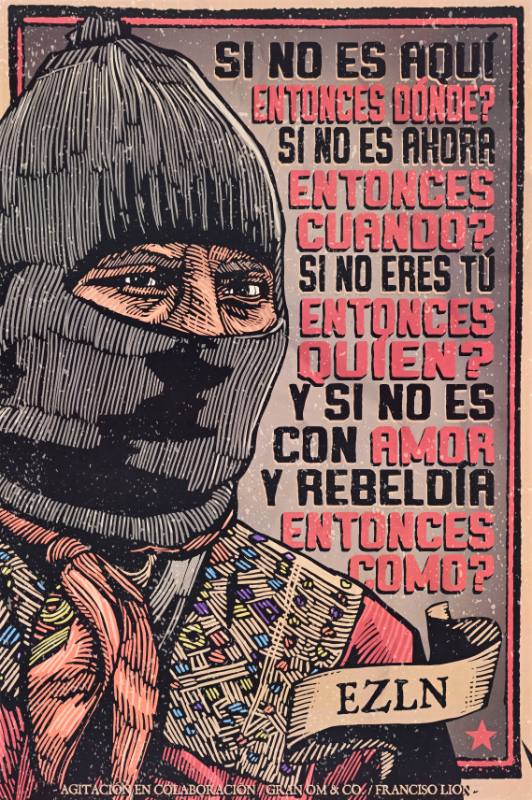A poster of a man in a mask and a colorful vest looking directly at the viewer