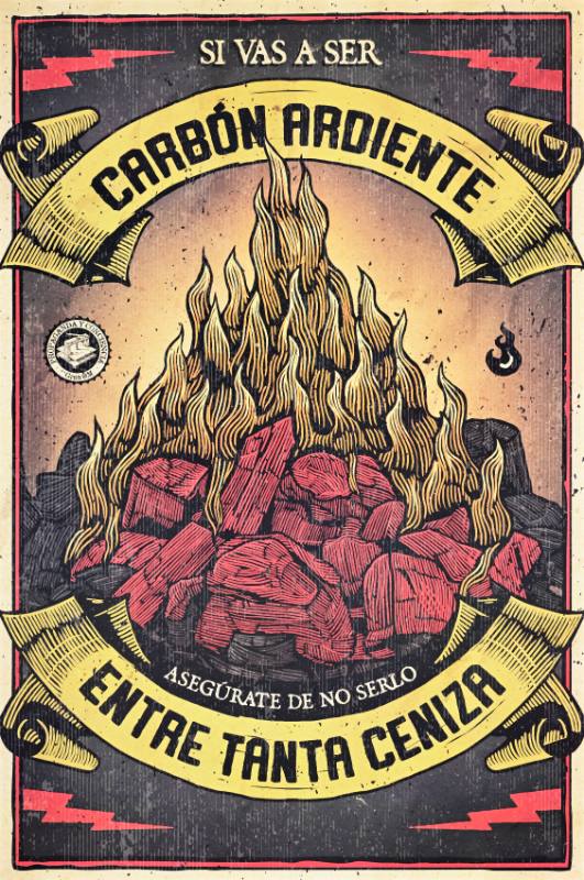 A poster of a campfire on a red background