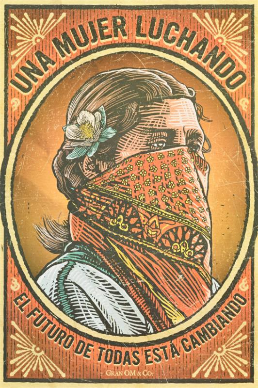 A poster of a woman with a mask covering her face