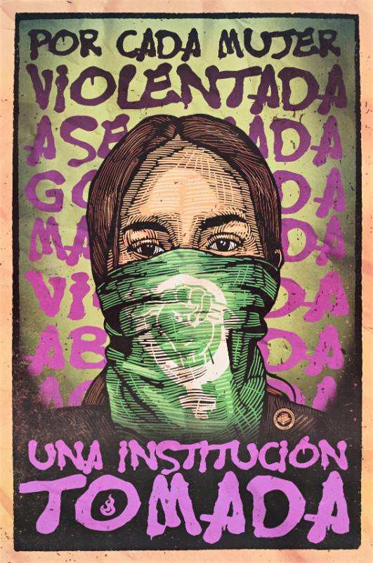 A poster of a woman with a mask covering her face in front of spray painted text