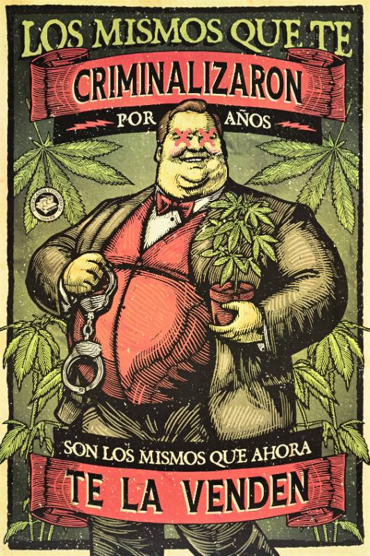 A poster of a man in a suit holding marijuana plants with his eyes crossed out
